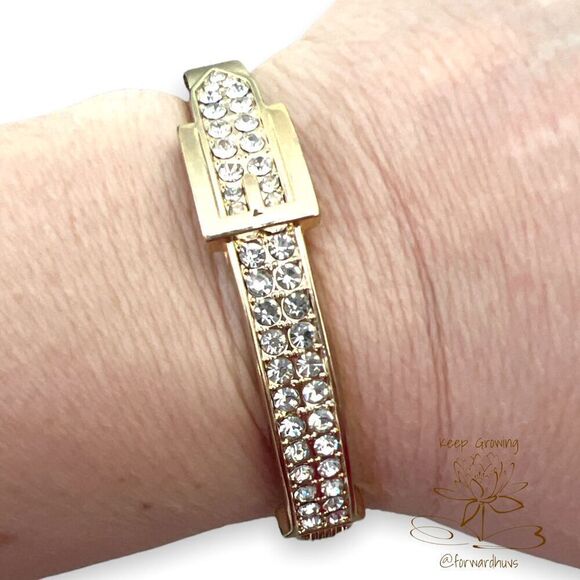 Gold Tone Rhinestone Embellished Hinge Bracelet - Picture 4 of 12